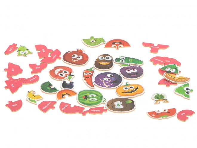 Puzzle avec des motifs de fruits et légumes dans une boîte en étain