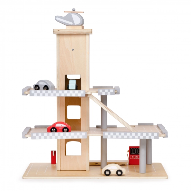ECOTOYS Grande garage en bois avec ascenseur et petites voitures