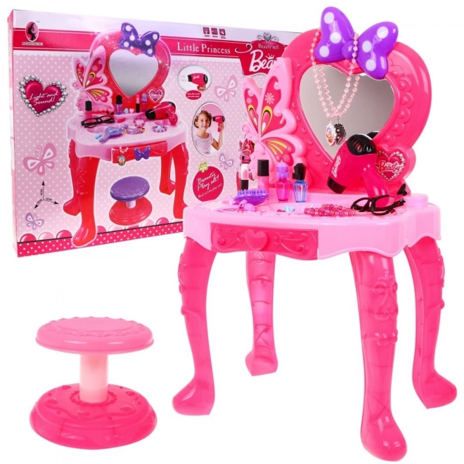 Coiffeuse rose avec miroir et tabouret + accessoires de coiffure et sèche-cheveux