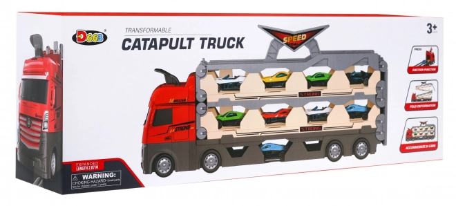 Camion avec piste déployable, petites voitures et lanceur 3 en 1