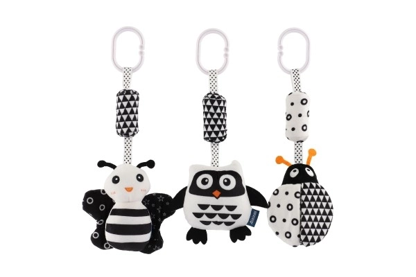 Hochet/pendentif animal en peluche pour berceau/landau 30 cm noir et blanc