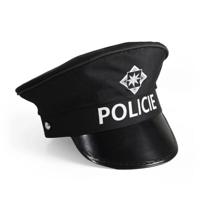 Ensemble de police tissu/plastique casquette, bâton, sifflet sur carte 30x48x8cm