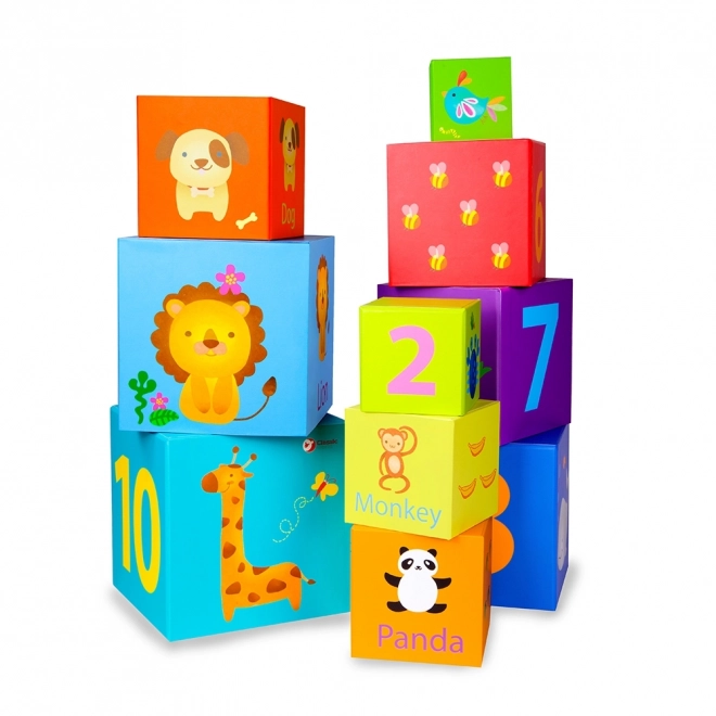Pyramide en blocs carrés avec animaux et chiffres - 10 cubes