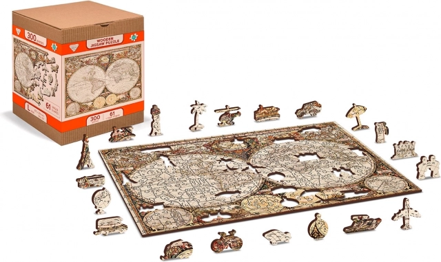 Puzzle en bois recto-verso CARTE DU MONDE ANTIQUE 2-en-1, 75 pièces