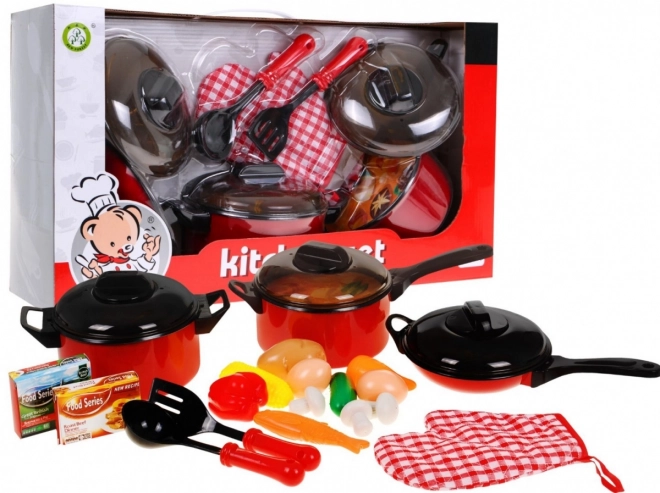Set de cuisine rouge + casseroles + ustensiles de cuisine + aliments - 22 pièces