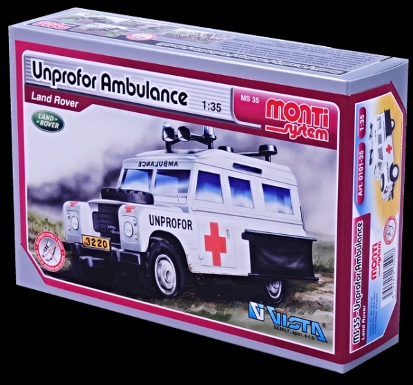 Maquette Monti System MS 35 Unprofor Ambulance Land Rover 1:35 dans une boîte de 22x15x6cm