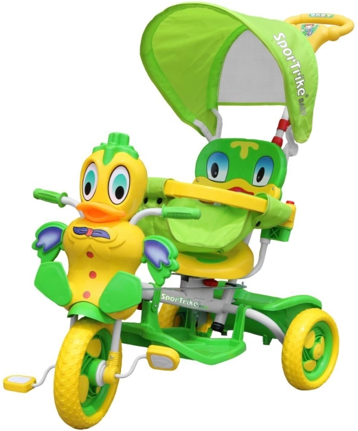 Tricycle pour enfants Caneton, vert avec sons, auvent, barrière, repose-pieds, tige de guidage et panier
