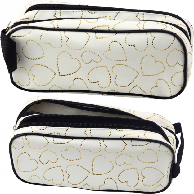 Trousse scolaire blanche à deux compartiments avec petits cœurs dorés