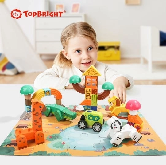 Cubes en bois et puzzle - Safari Top Bright