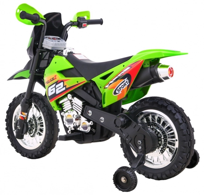 Moto cross électrique pour enfants à batterie – verte, avec roulettes stabilisatrices et feux LED