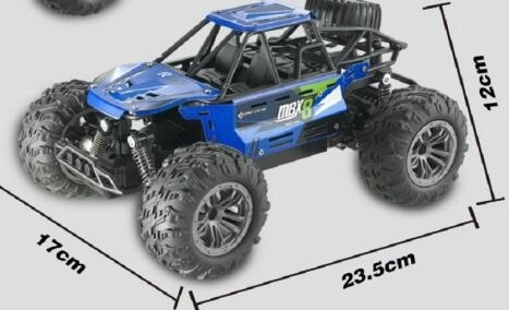 Buggy RC tout-terrain bleu 22cm plastique 2,4GHz sur batterie + pack rechargeable en boîte 32x16x18cm