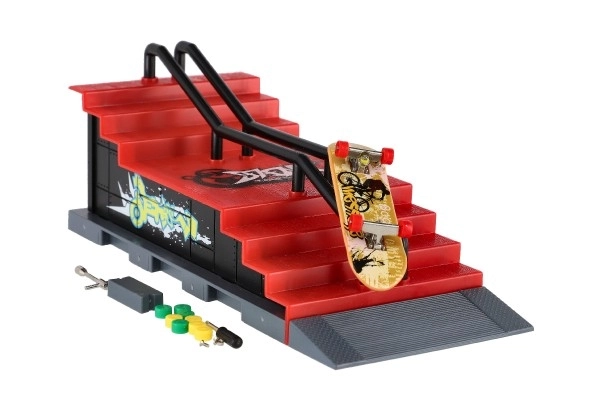 Skatepark - skateboard à doigts vissable avec rampe en plastique 8cm avec accessoires mélange de types en boîte 28x18cm