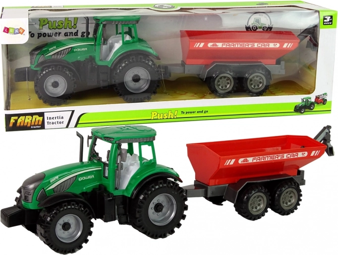 tracteur vert avec remorque rouge à inertie