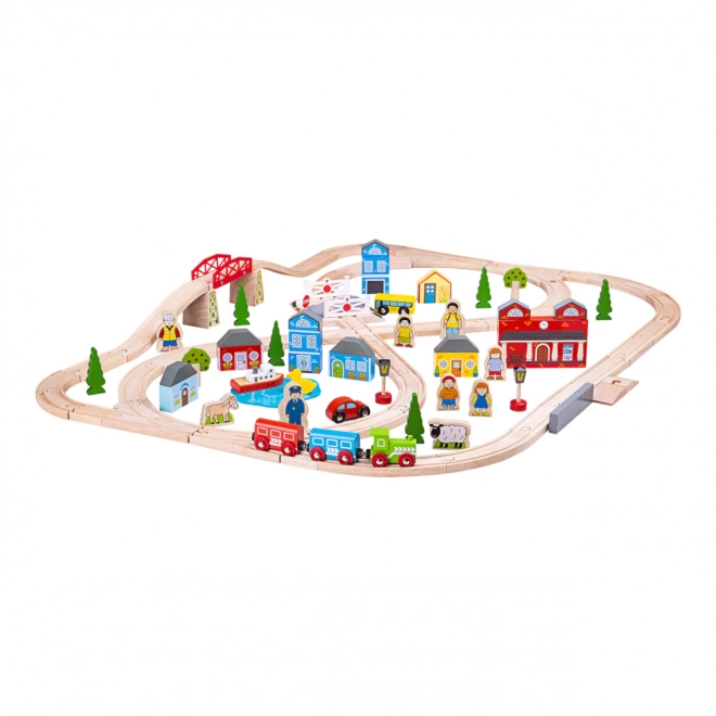Bigjigs Rail Circuit de train en bois ville et village 101 pièces