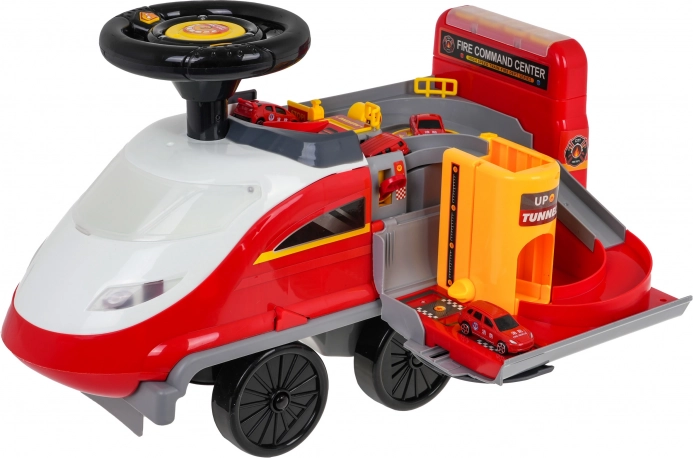 Draisienne interactive 2-en-1 pompiers avec lumières et sons, parking et 4 petites voitures