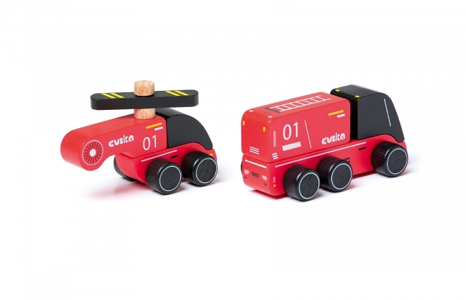 CUBIKA 15559 Pompiers - petite voiture en bois avec hélicoptère