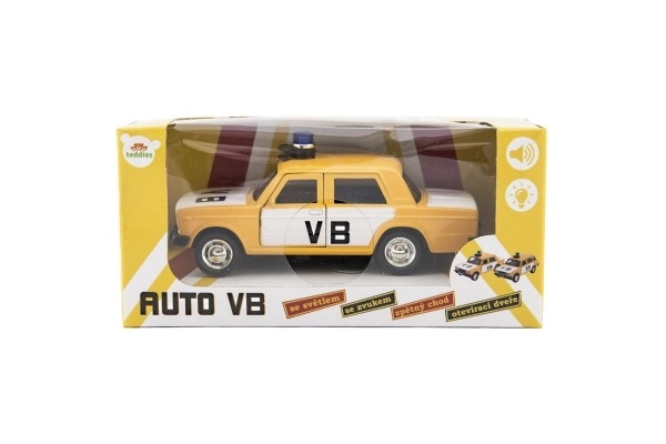 Voiture de police VB métal/plastique 12cm à rétrofriction avec piles, lumière, son, dans boîte 15x7x7cm