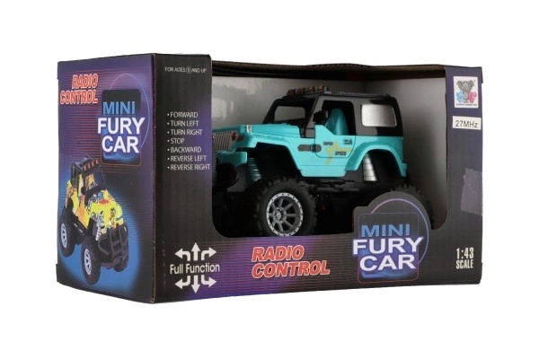 Voiture RC tout-terrain 14cm plastique 27MHz à piles avec lumière en boîte 20x11x10cm – Turquoise