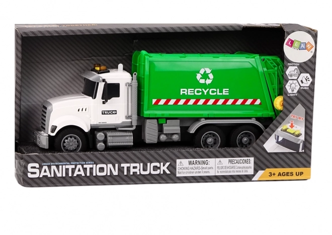 Camion poubelle jouet blanc-vert avec effets de lumière et de son