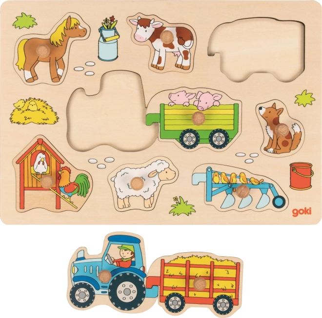 Goki puzzle en bois à encastrer tracteur à la ferme