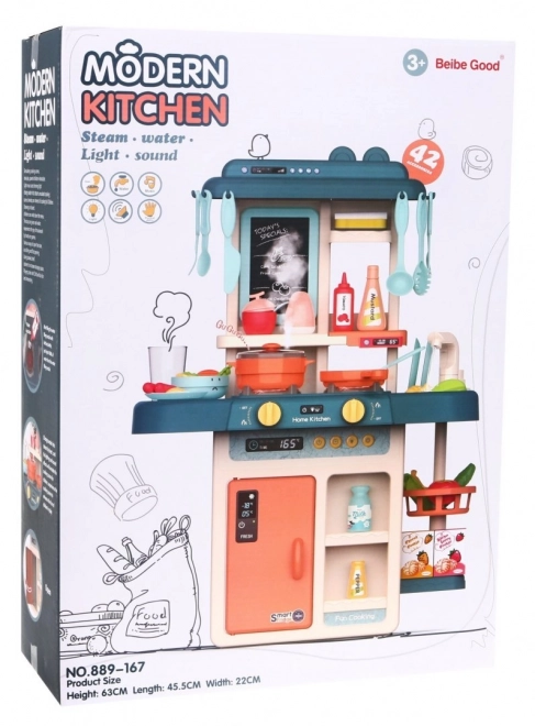 Cuisine colorée + brûleur à vapeur interactif + robinet + accessoires - 42 pièces