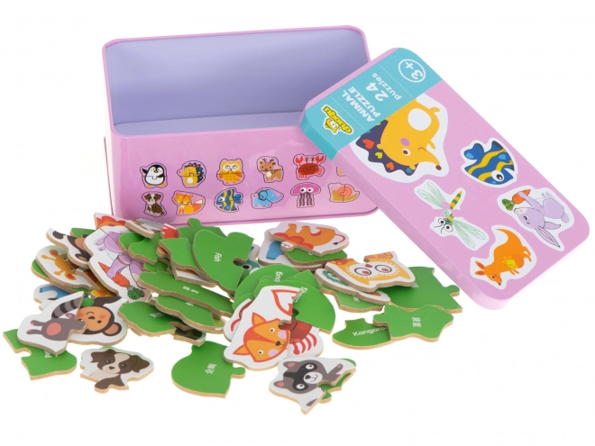 Puzzle avec motifs d'animaux dans une boîte en métal