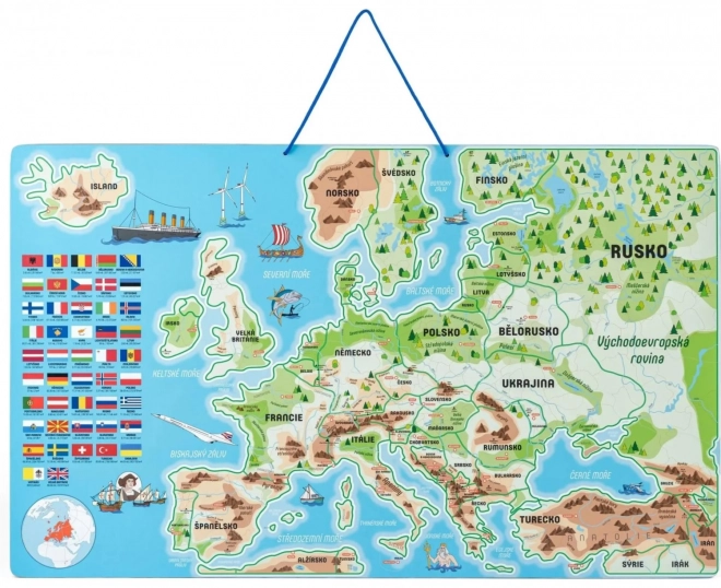 WOODY Carte magnétique de l'Europe avec des images et jeu de société, 3 en 1 en tchèque