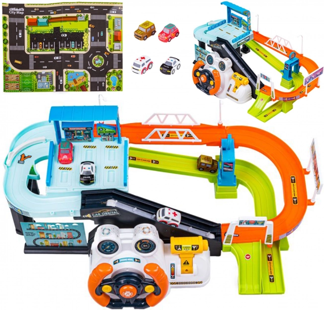 Garage de stationnement Woopie avec volant interactif et 4 petites voitures