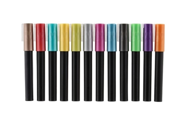 Marqueurs métalliques acryliques 12 pièces, utilisables sur céramique, verre, pierres, pointe 4mm sous blister 18,5x12 cm