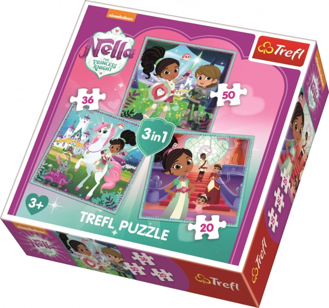 TREFL Puzzle Nella, princesse chevalière et son monde 3 en 1 (20, 36, 50 pièces)