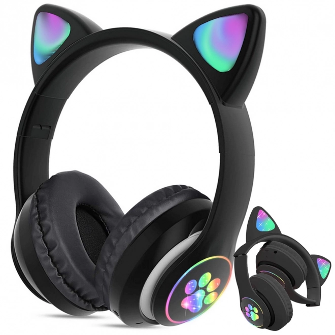 Casque sans fil bluetooth radio fm mp3 oreilles de chat éclairage LED – noir