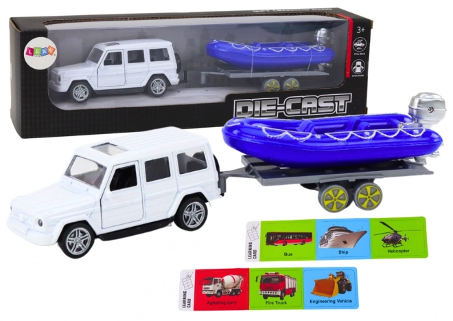 Voiture tout-terrain avec remorque et bateau à moteur Métal Blanc Bleu