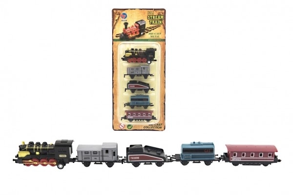 Train/locomotive et wagon 5 pièces métal/plastique 8 cm à remontage par friction 4 types sur carte