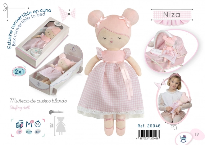 DeCuevas 20046 Poupée en peluche NIZA - 36 cm avec berceau
