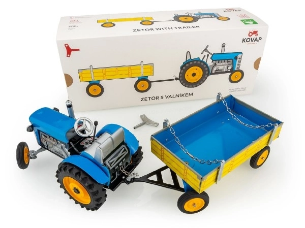 Tracteur Zetor avec remorque bleu à clé en métal 28cm Kovap en boîte