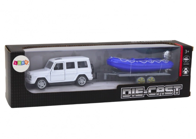 Voiture tout-terrain avec remorque et bateau à moteur Métal Blanc Bleu