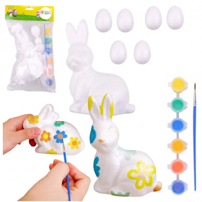 Ensemble d'œufs en polystyrène et figurine de lapin à peindre