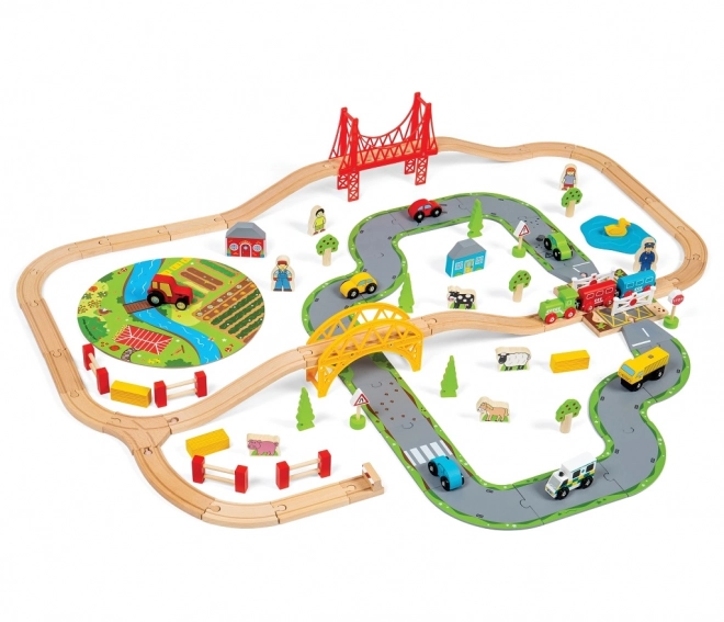 Bigjigs Rail Circuit en bois avec route de campagne 80 pièces