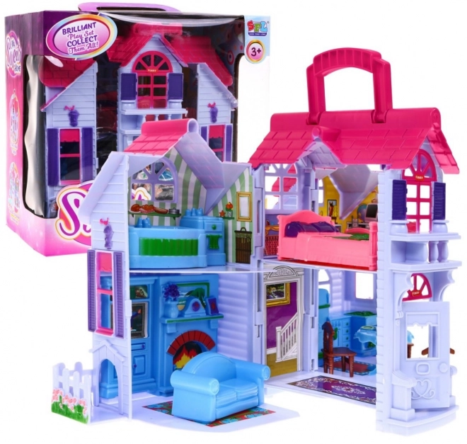 Maison de poupées pliable 3+ Violet + figurines de famille + chien + meubles + 2 étages