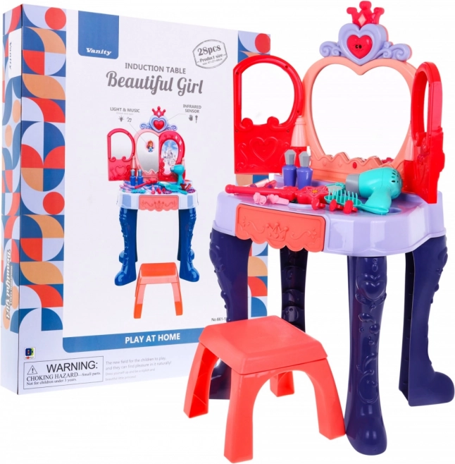 Coiffeuse interactive pour enfants avec baguette magique, sèche-cheveux et 28 accessoires