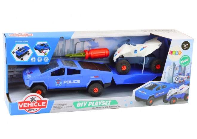 Kit de construction Voiture moderne avec quad et caravane pour bricoleurs Bleu