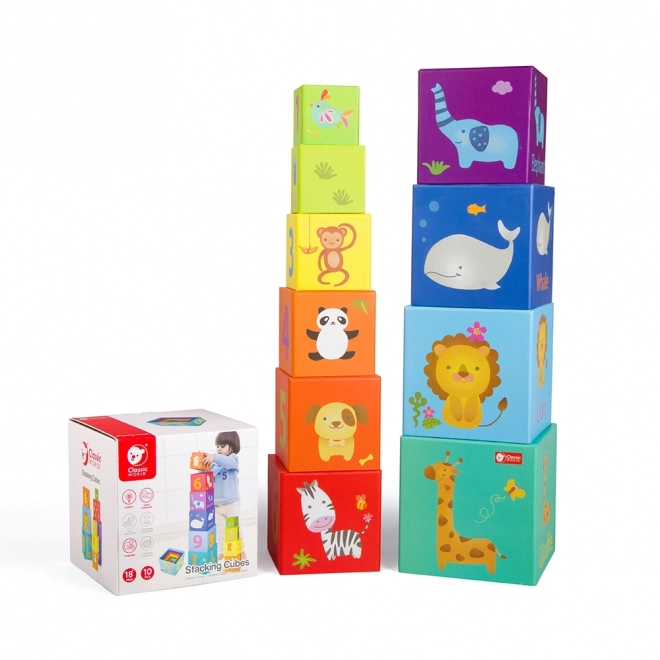 Pyramide en blocs carrés avec animaux et chiffres - 10 cubes