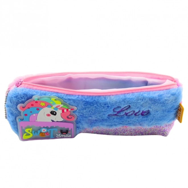 Trousse en peluche avec licorne bleue avec des éléments scintillants