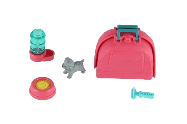 Petit chien avec boîte de transport et accessoires