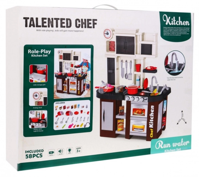 Cuisine interactive marron + brûleurs avec son et lumière + robinet + accessoires - 58 pièces