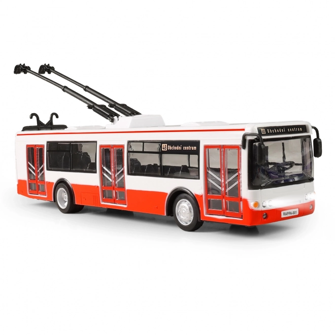 Trolleybus parlant tchèque en plastique 29cm rouge marche libre sur bat. avec lumière et son en boîte 33x11x10cm