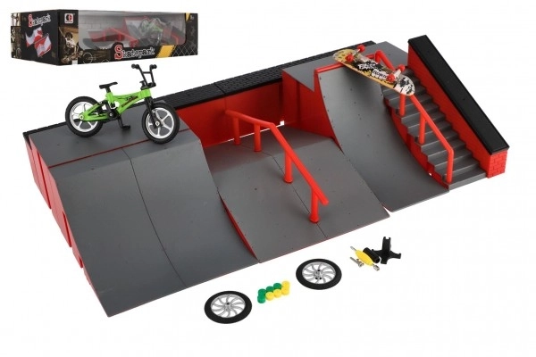 Skatepark - rampe, vélo à doigts, skateboard à doigts en plastique avec accessoires 2 couleurs dans une boîte 43x25x12cm