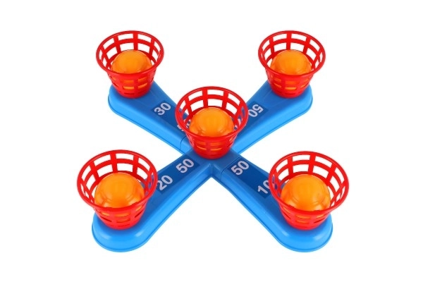Jeu de lancer en plastique croix avec anneaux + paniers avec balles dans un filet