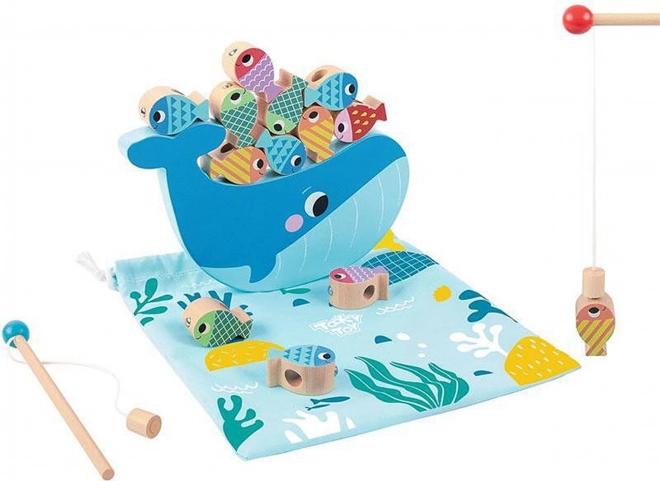 Tooky Toy Jeu en Bois Baleine et Poissons Multifonctions 4 en 1