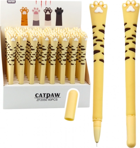 Stylo gel Patte de chat encre bleue rayures jaunes 16,5 cm